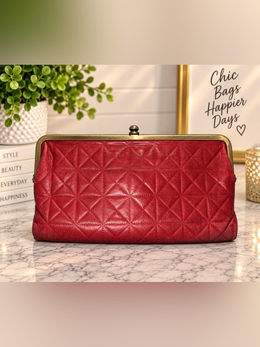HOBO International Red Quilted Leather Kiss-Lock Clutch Wallet